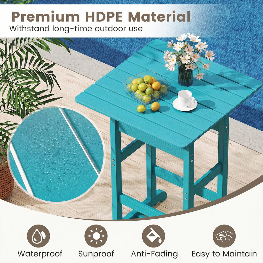 Turquoise HDPE bar table with slatted top, ideal for outdoor use in backyard or poolside settings.