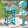 Turquoise high-top table with slatted tabletop and reinforced crossbars, ideal for backyard and poolside use.