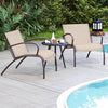 Two wide armchairs in rustic brown with a side table, perfect for poolside relaxation and outdoor comfort.