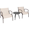 Two wide armchairs with a side table in rustic brown, made of metal and aluminum, perfect for outdoor relaxation.