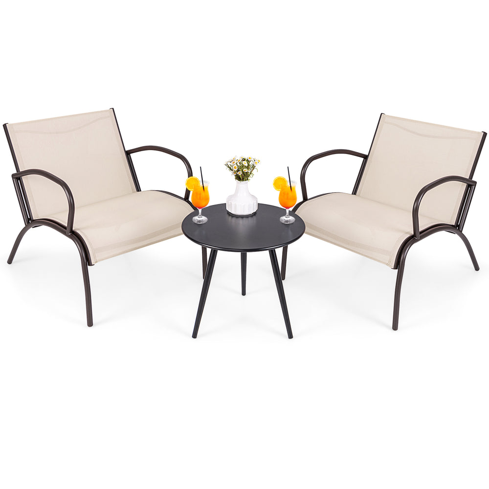 Two wide armchairs in rustic brown with a side table, perfect for outdoor relaxation by the poolside or balcony.
