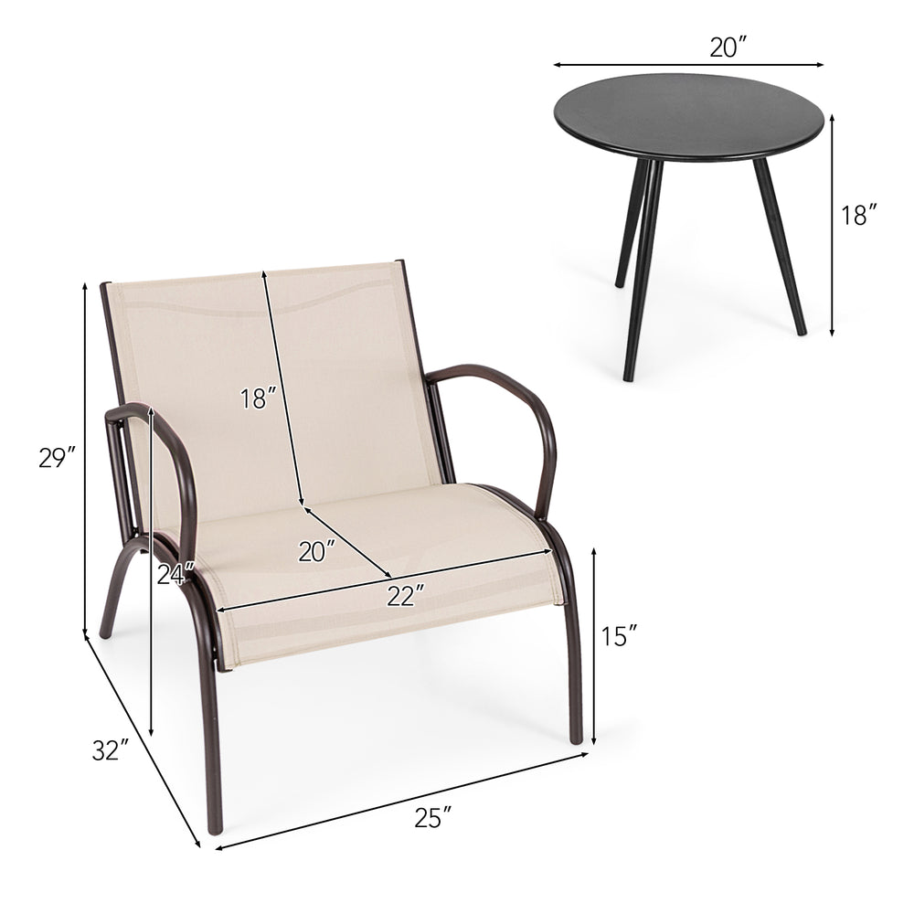 Wide armchair and side table set in rustic brown, featuring breathable fabric and ergonomic design for outdoor comfort.