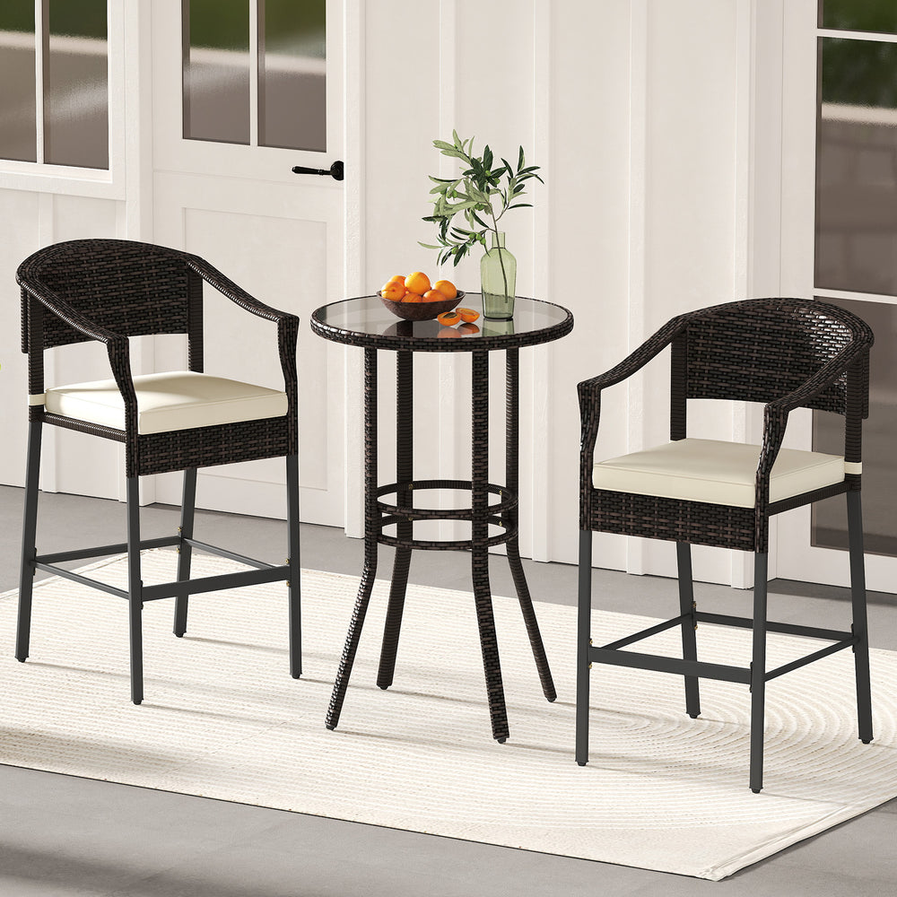 3-Piece Patio Rattan Bar Set with Tempered Glass Top for Backyard Poolside-Brown - Gallery View 1 of 9