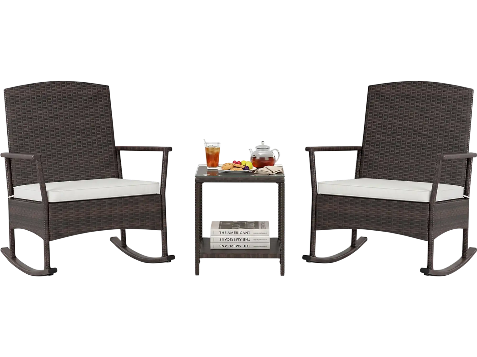 Costway 3-Pc Patio Wicker Rocking Chair Set w/ 2-Tier Coffee Table 71369485 New