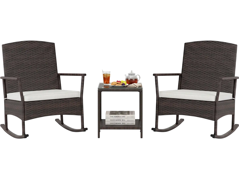 3-piece patio rocking set featuring wicker rocking chairs and a double-tier coffee table for backyard relaxation.