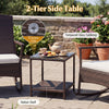 2-tier side table with tempered glass tabletop and rattan shelf, ideal for outdoor patio use with rocking chairs.