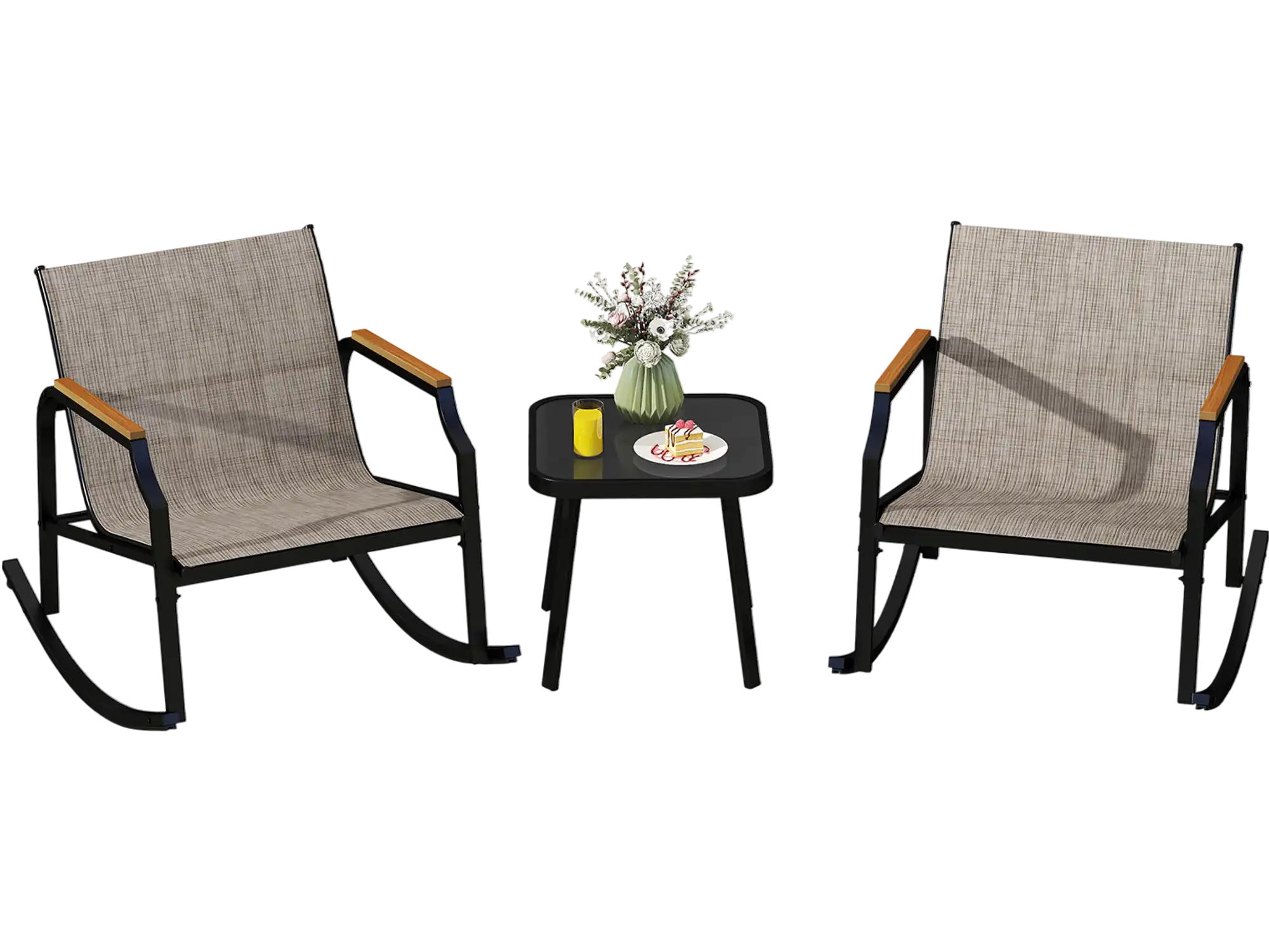 Costway 3-Piece Patio Rocking Bistro Set w/ Tempered Glass Coffee Table & Armrests Brown 491532867 New