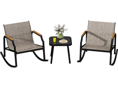 Costway 3-Piece Patio Rocking Bistro Set w/ Tempered Glass Coffee Table & Armrests Brown 491532867 New