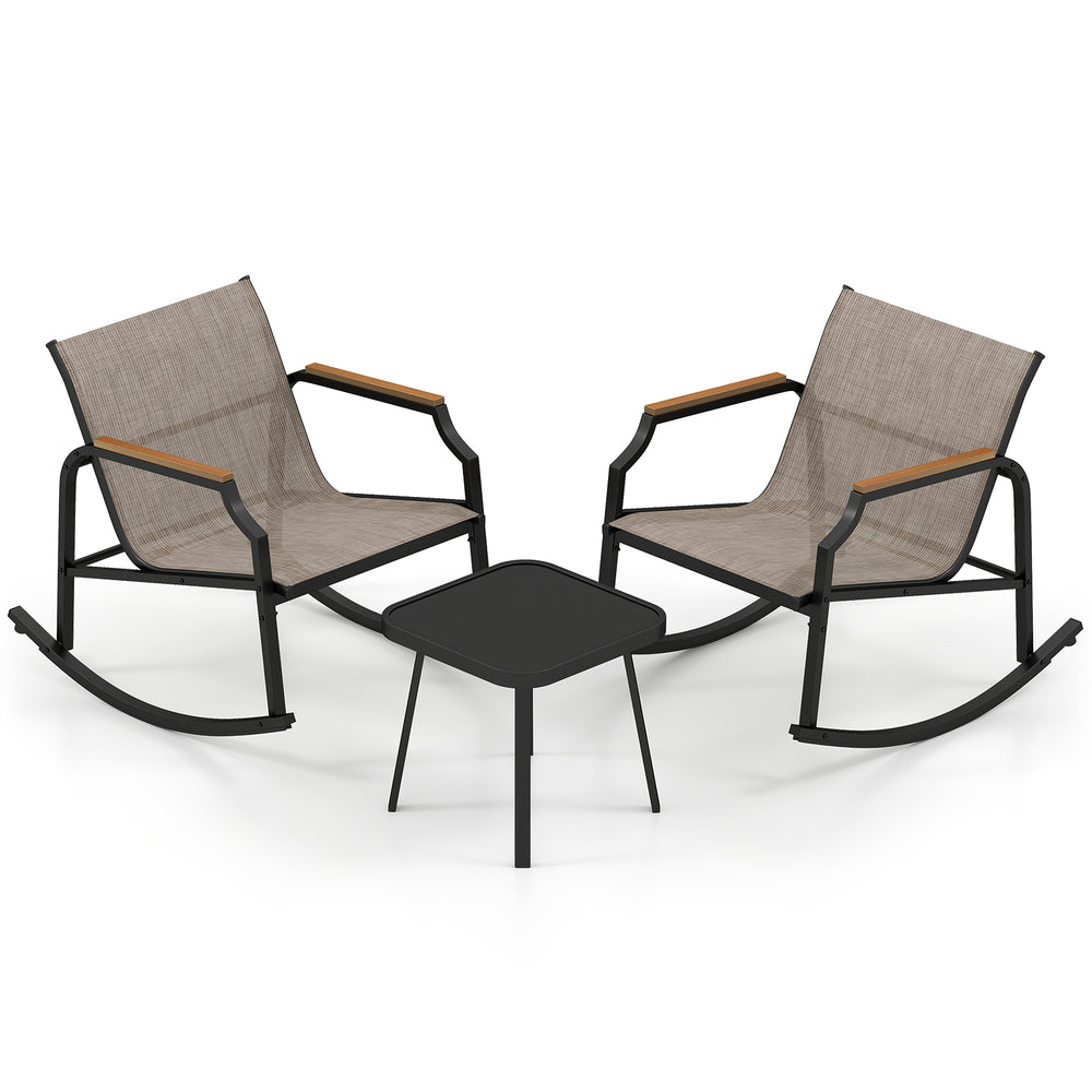 3-piece patio rocking bistro set with breathable fabric seats, wood-like armrests, and tempered glass coffee table for.