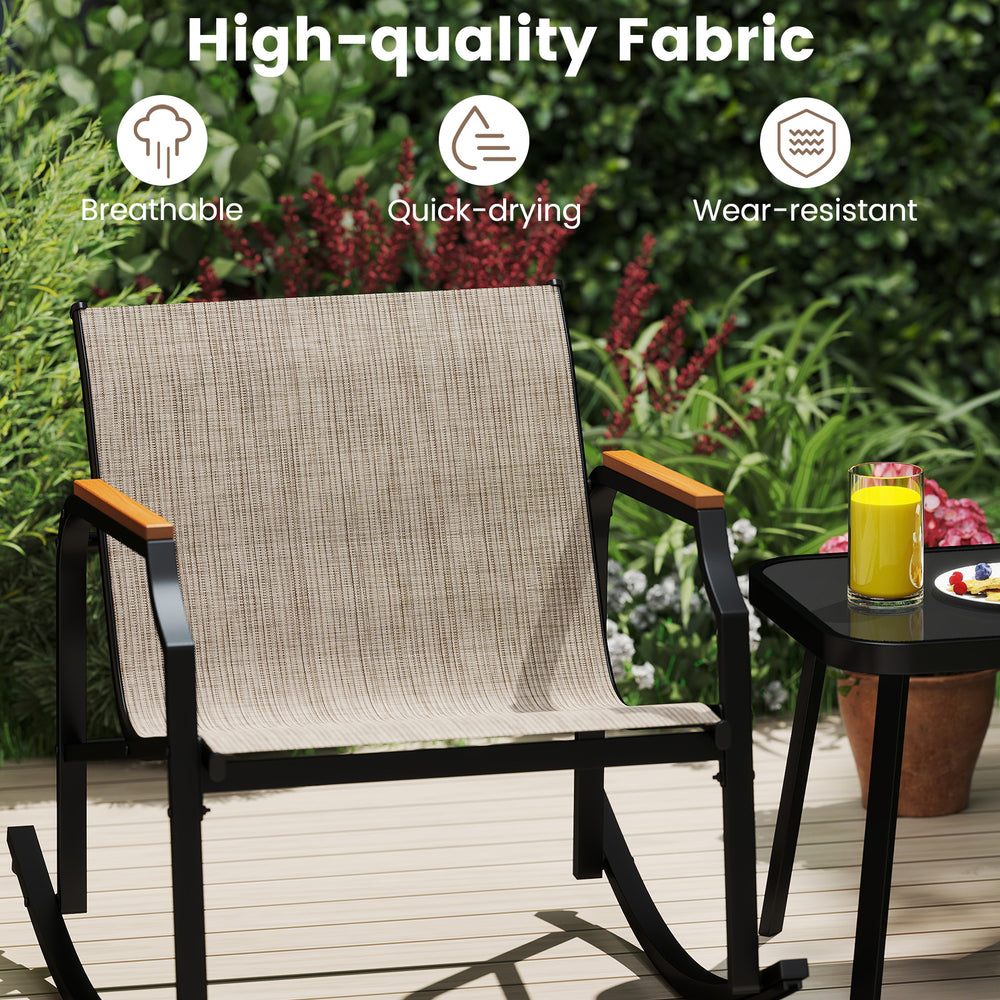 Brown patio rocking chair with breathable fabric and wood-like armrests, perfect for relaxing on the porch or balcony.