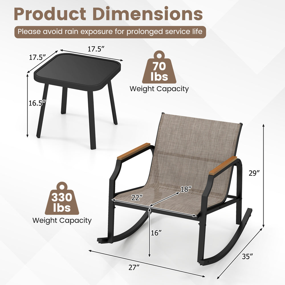 Patio rocking chair with breathable fabric and wood-like armrests, featuring a sturdy metal frame for backyard.