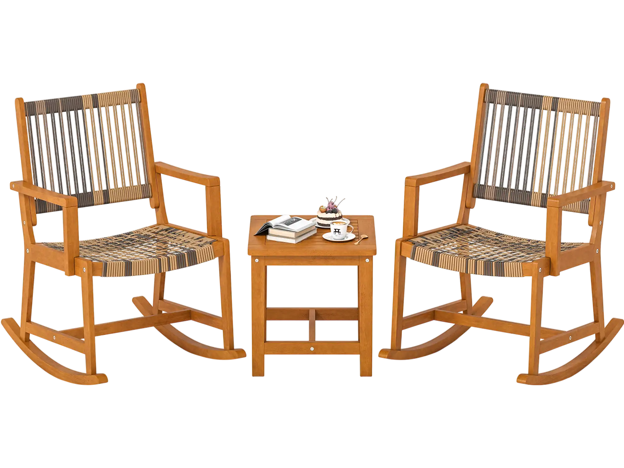 Costway 3 Piece Patio Rocking Bistro Set Acacia Wood Rattan 516298374 New
