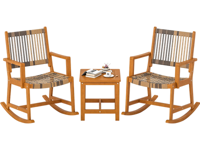 Costway 3 Piece Patio Rocking Bistro Set Acacia Wood Rattan 516298374 New