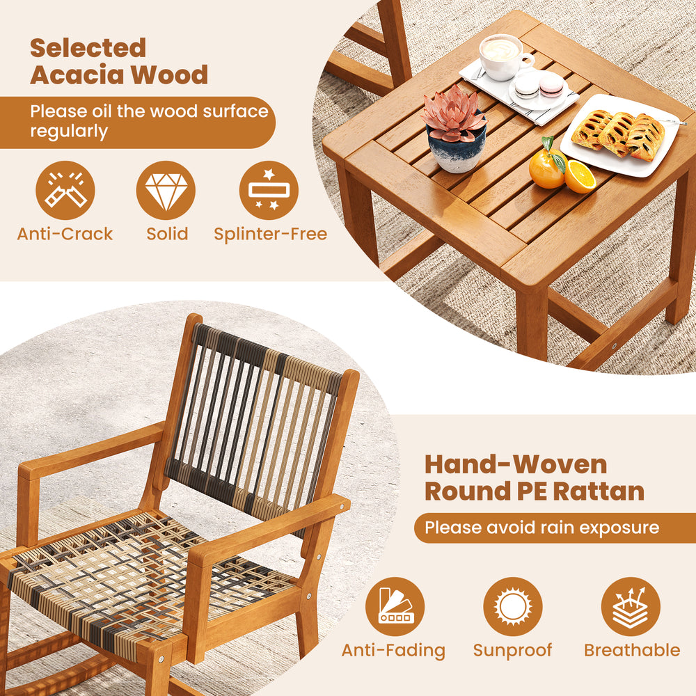 Acacia wood rocking chair with hand-woven PE rattan seat, perfect for backyard relaxation and outdoor use.