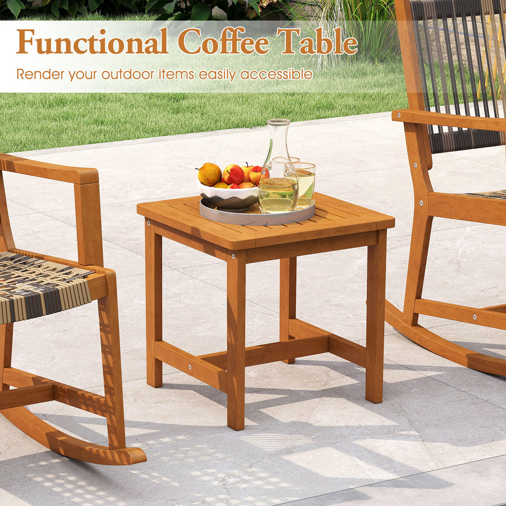 Compact acacia wood coffee table with rattan seat, perfect for outdoor relaxation in your patio rocking set.