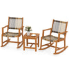 Acacia wood rocking chairs with rattan seats and a compact side table, perfect for backyard relaxation.