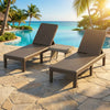 Adjustable lounger chairs with rattan side table in a 3-piece patio set, perfect for outdoor relaxation by the pool.