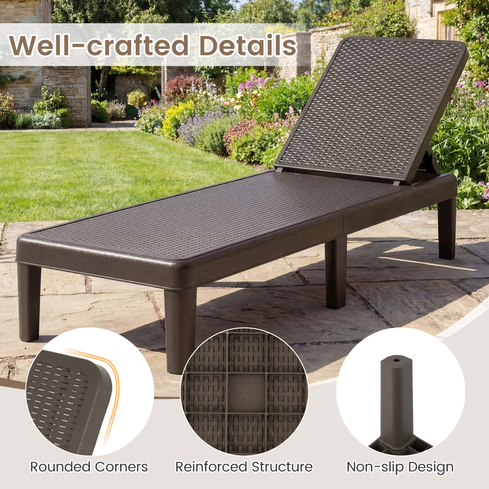 Adjustable lounger chair with rattan texture, featuring rounded corners and a non-slip design for outdoor relaxation.