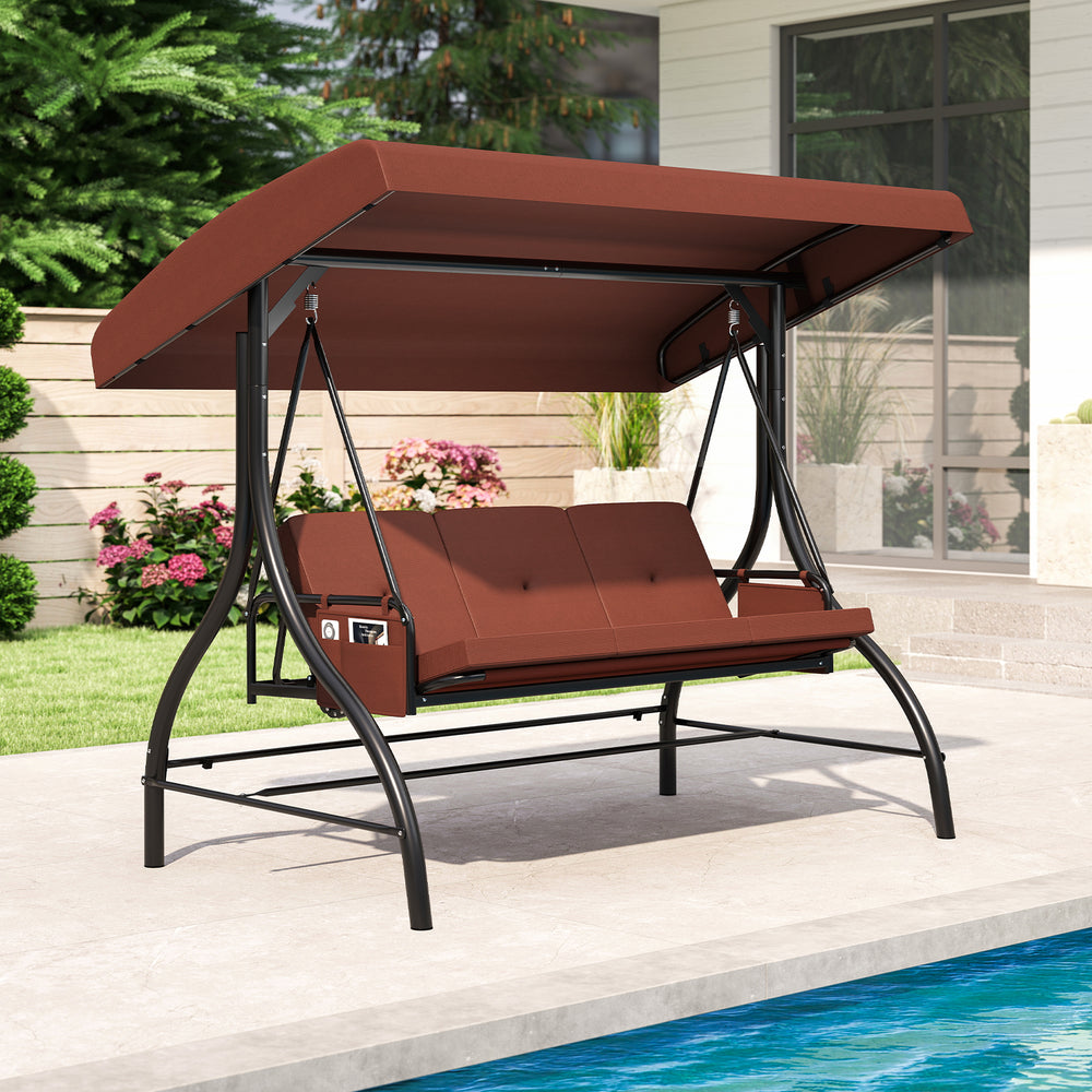 3-Piece Patio Swing with Canopy Removable Cushions and Side Pockets-Brown - Gallery View 1 of 11