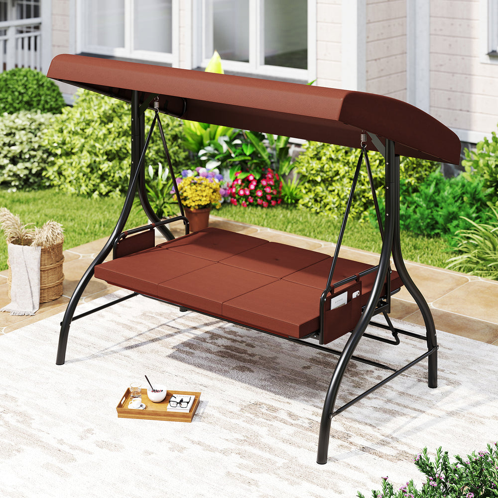 3-piece brown patio swing with adjustable canopy and removable cushions, perfect for backyard relaxation.