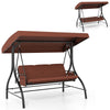 3-piece patio swing with adjustable canopy, removable brown cushions, and side pockets for backyard relaxation.
