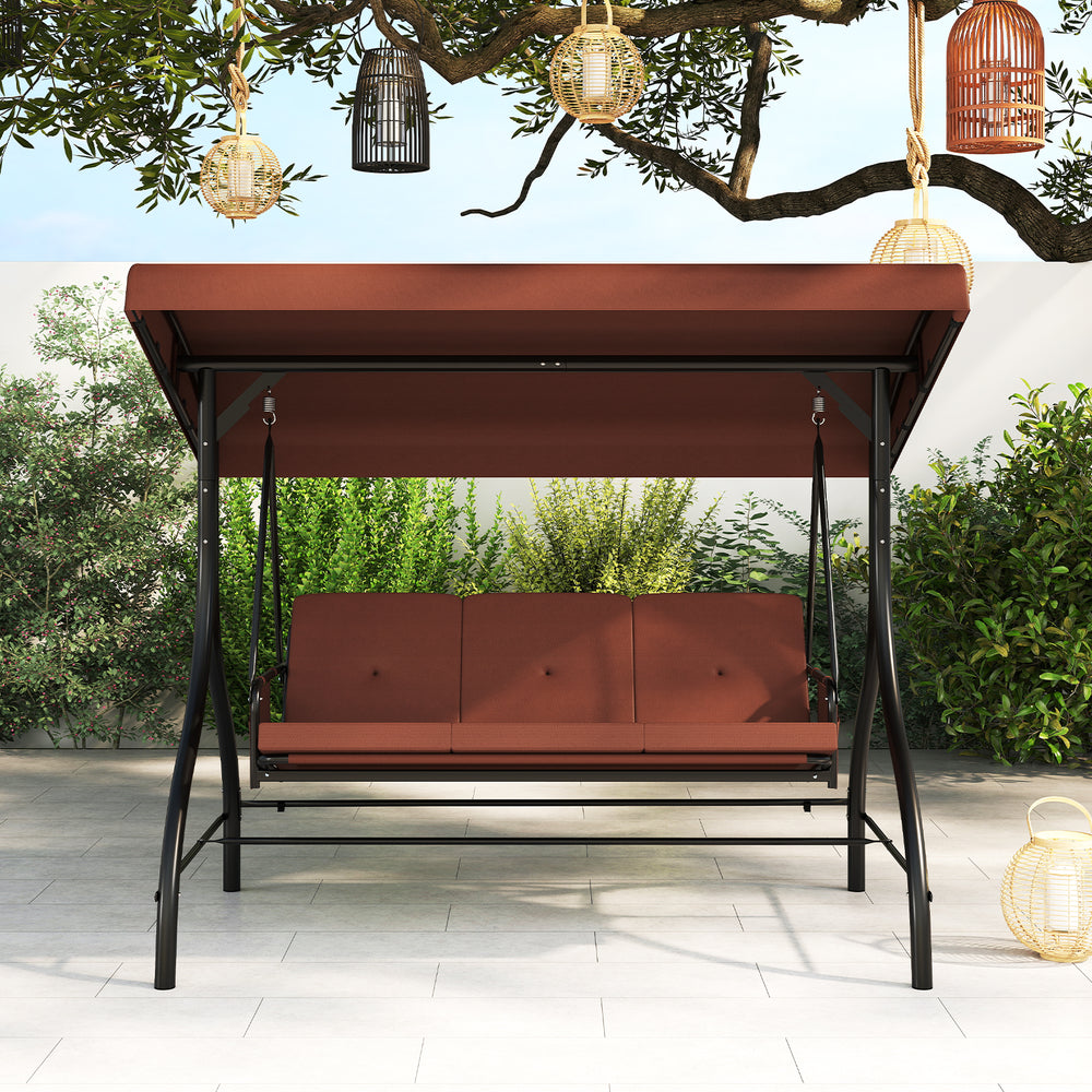 3-piece patio swing with adjustable canopy and removable brown cushions, perfect for backyard relaxation.