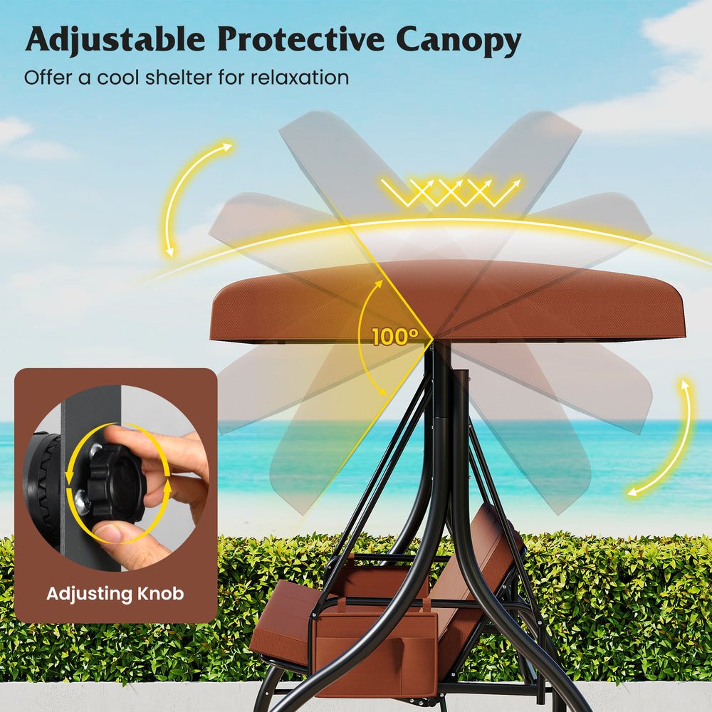 Adjustable 100° canopy on a 3-piece brown patio swing, featuring removable cushions and side pockets for convenience.
