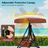 Adjustable 100° canopy on a 3-piece brown patio swing, featuring removable cushions and side pockets for convenience.