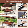 3-piece patio swing with canopy, removable brown cushions, and side pockets for backyard relaxation and comfort.