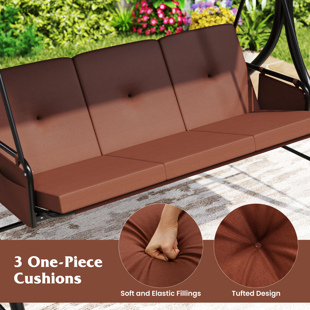 Three one-piece brown cushions on a patio swing with adjustable canopy, ideal for backyard relaxation.