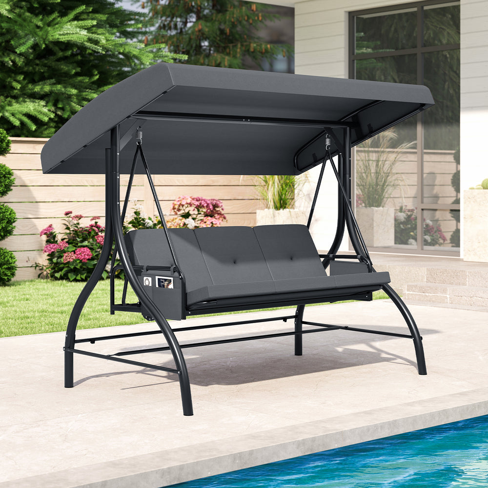 3-Piece Patio Swing with Canopy Removable Cushions and Side Pockets-Gray - Gallery View 1 of 11