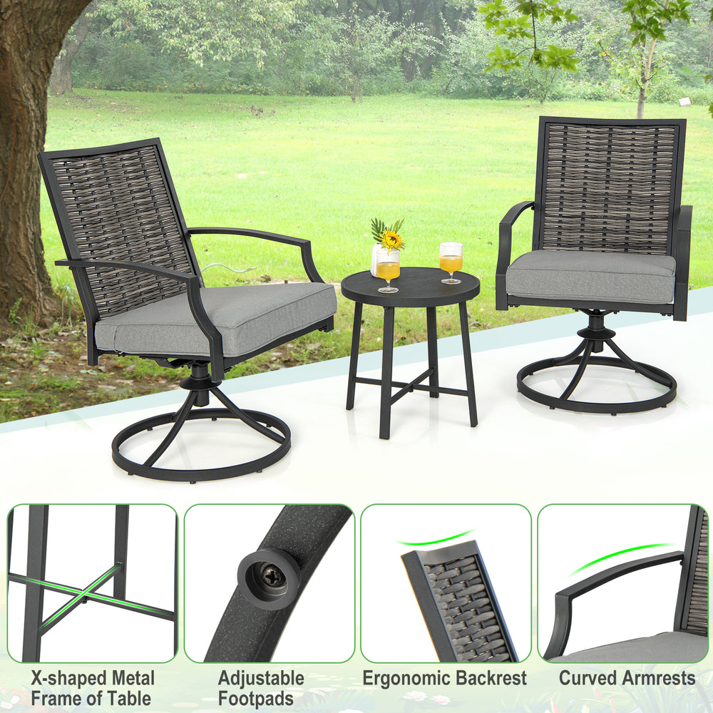 Patio swivel chair set featuring ergonomic design, soft seat cushions, and a stylish coffee table for outdoor.