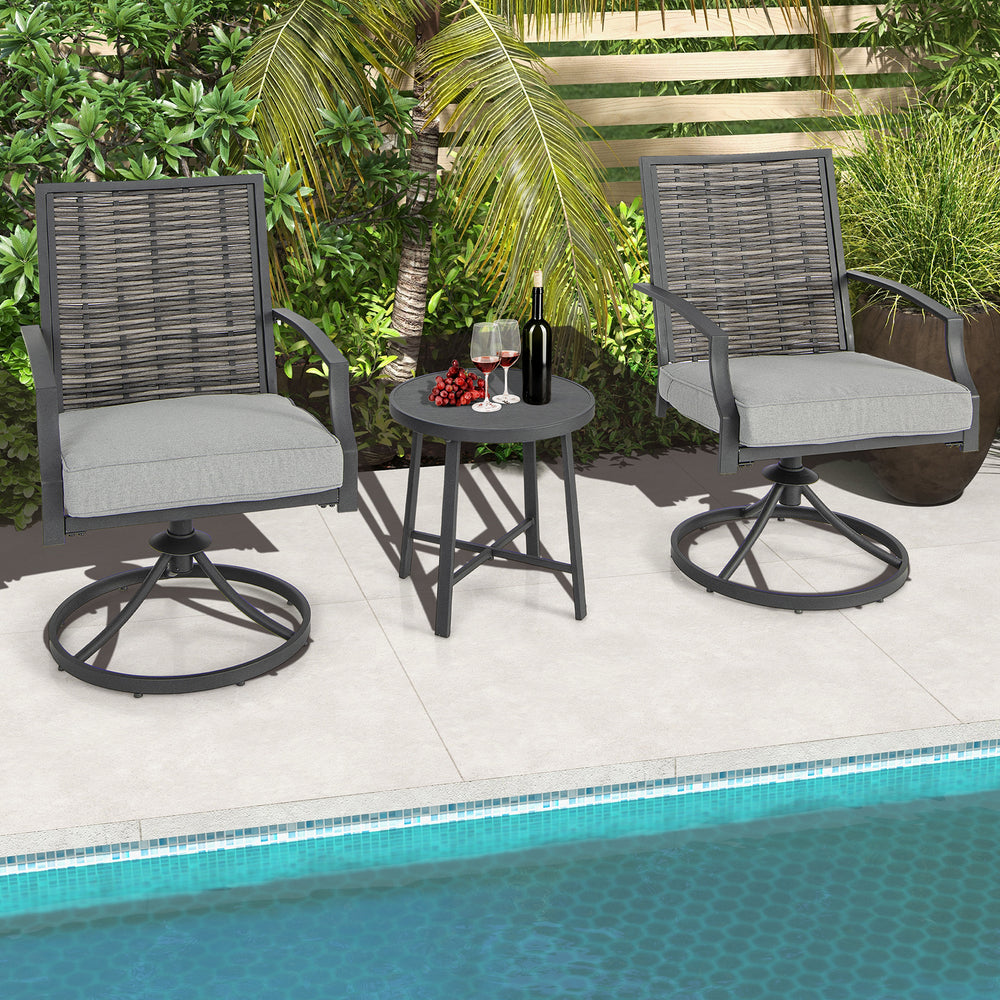 3-piece patio swivel chair set with soft seat cushions, featuring a coffee table, perfect for backyard relaxation.