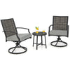 3-piece patio swivel chair set featuring soft seat cushions and a coffee table, perfect for backyard relaxation.