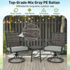 3-piece patio swivel chair set in mix gray PE rattan with soft cushions, perfect for backyard relaxation.