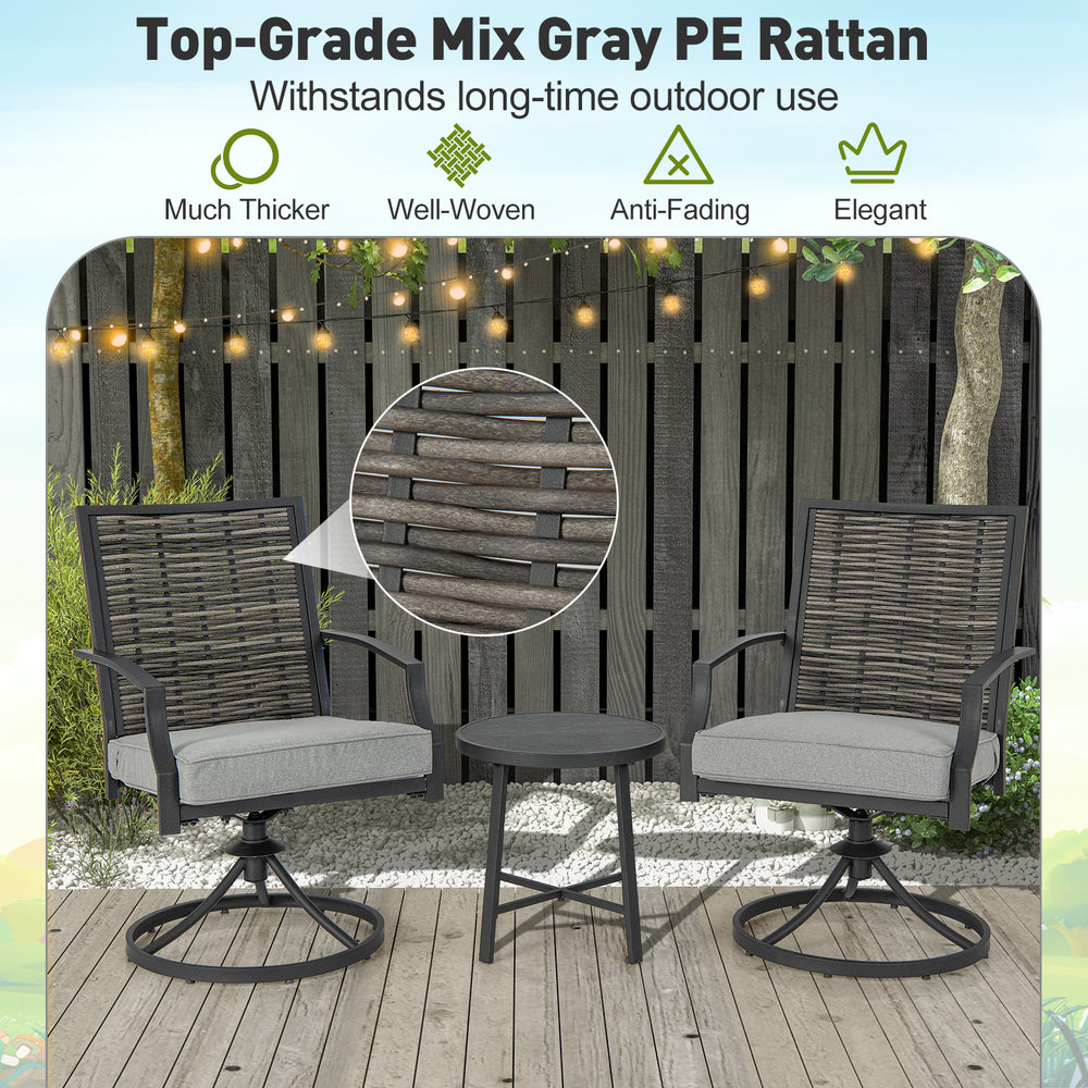 3-piece patio swivel chair set in mix gray PE rattan with soft cushions, perfect for backyard relaxation.