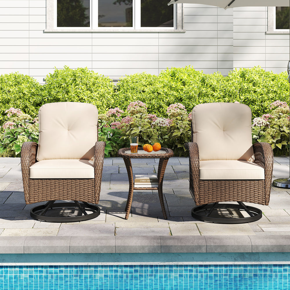 3 Piece Patio Swivel Rocker Set with Tempered Glass Side Table and Thick Cushions-Brown - Gallery View 1 of 10