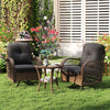 Patio swivel rocker set featuring two chairs with black cushions and a tempered glass side table, perfect for outdoor.