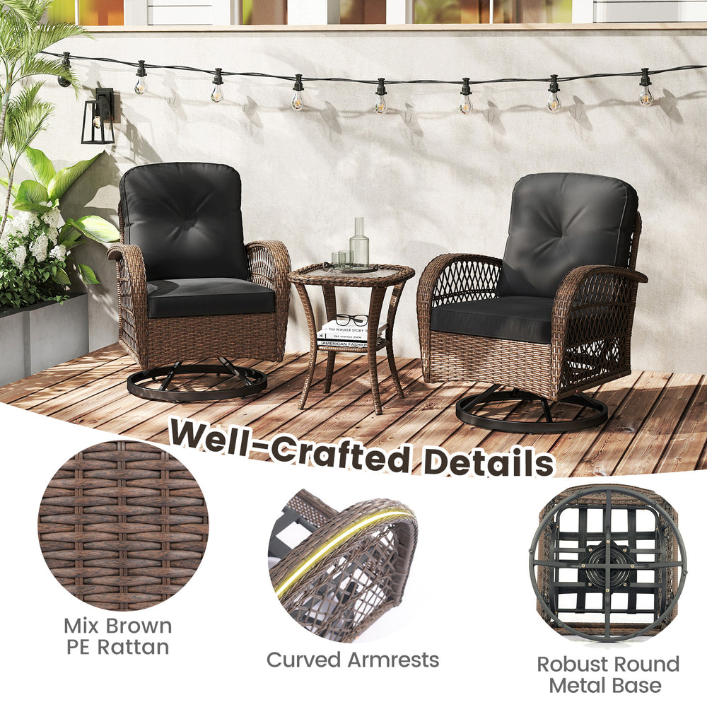Patio swivel rocker set featuring mix brown PE rattan, thick black cushions, and a tempered glass side table for.