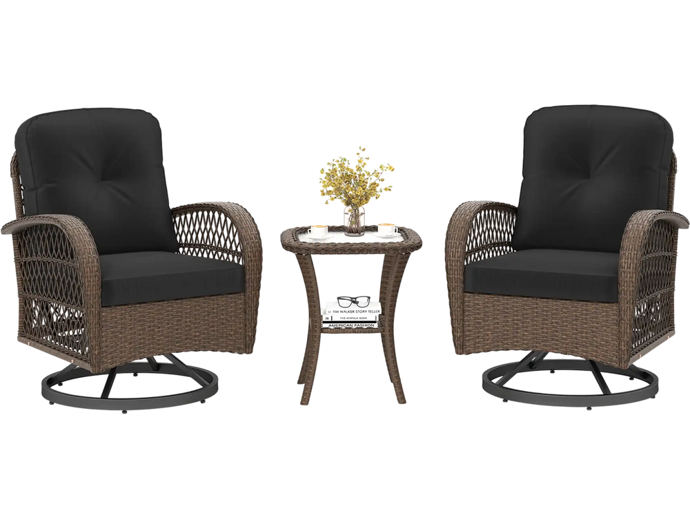 Patio swivel rocker set featuring two chairs with thick black cushions and a tempered glass side table for outdoor.