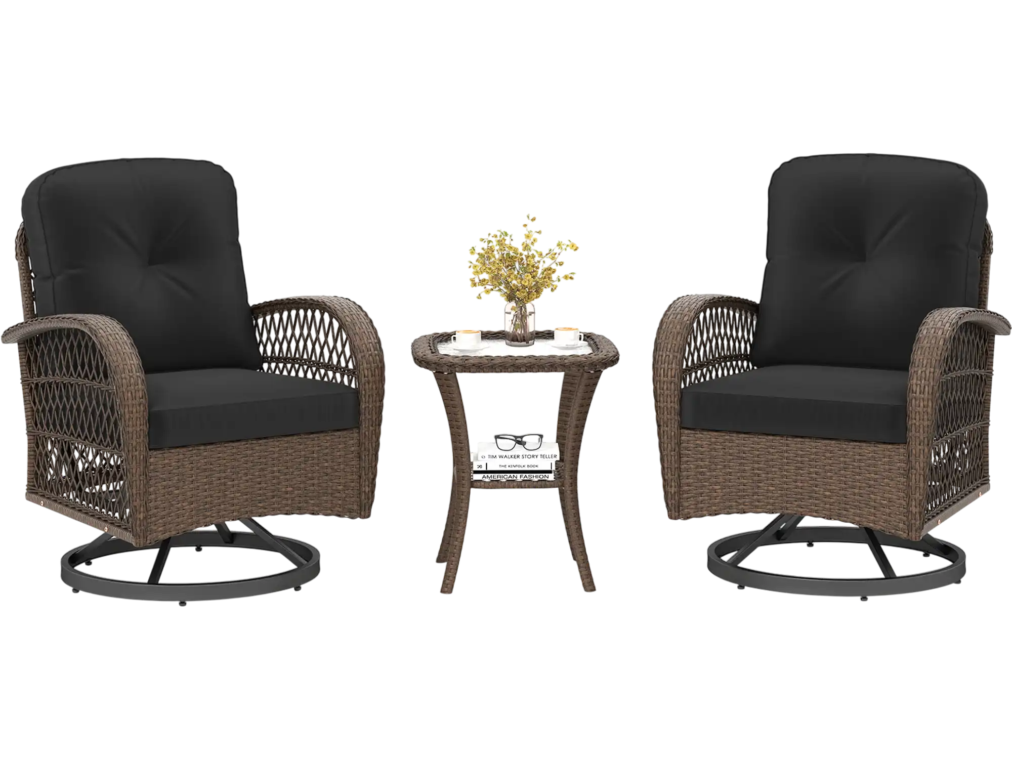 Costway 3-Pc Patio Swivel Rocker Set w/ Glass Side Table & Cushions 632914875 New