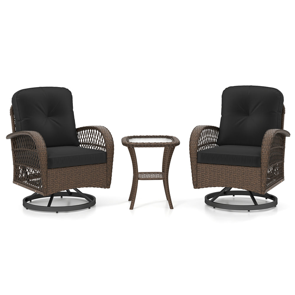 Close-up of a plush black cushion on a patio swivel rocker, offering comfort and style for outdoor spaces.