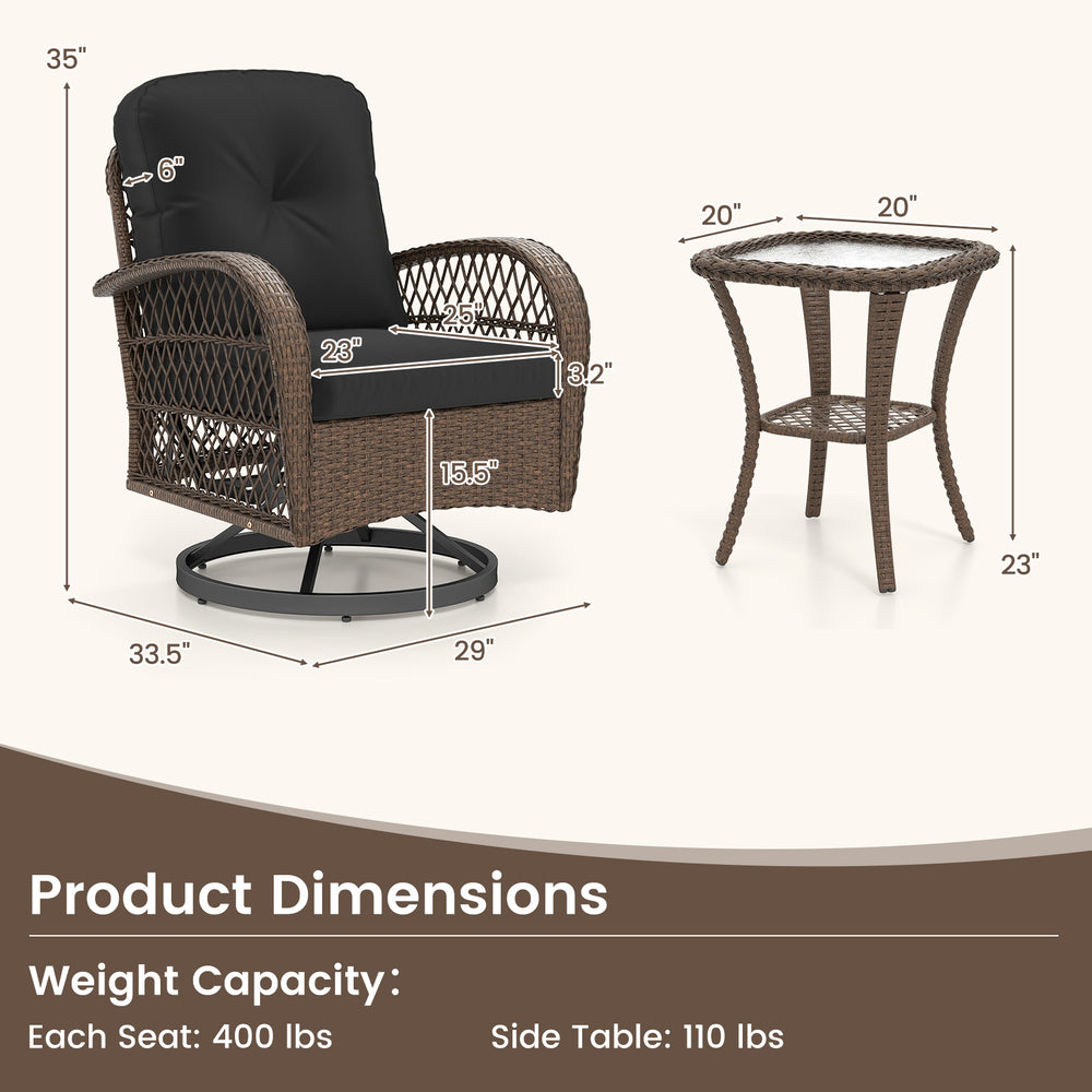 3-piece patio swivel rocker set featuring a black cushioned chair and tempered glass side table for outdoor relaxation.