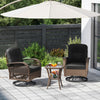 Patio swivel rocker set featuring black cushions and a tempered glass side table, perfect for backyard relaxation.