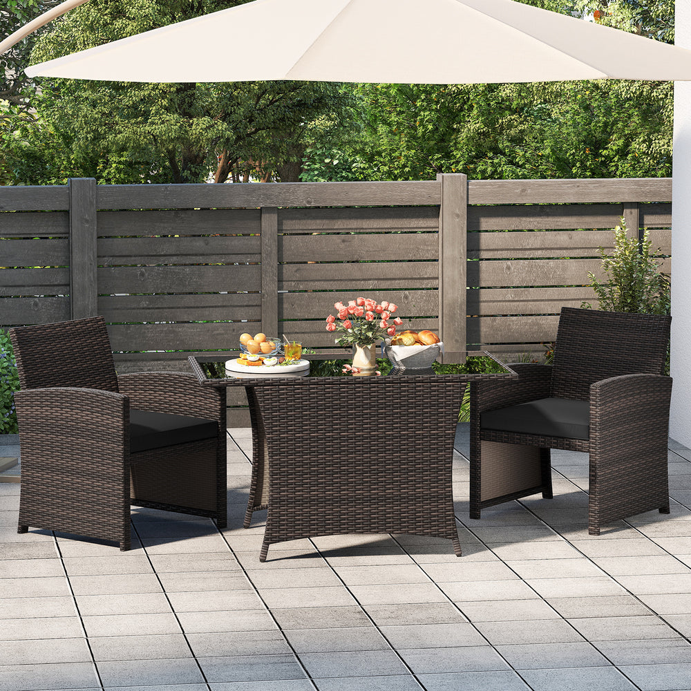 3-piece brown patio wicker dining set featuring a tempered glass table and cushioned chairs, ideal for outdoor.