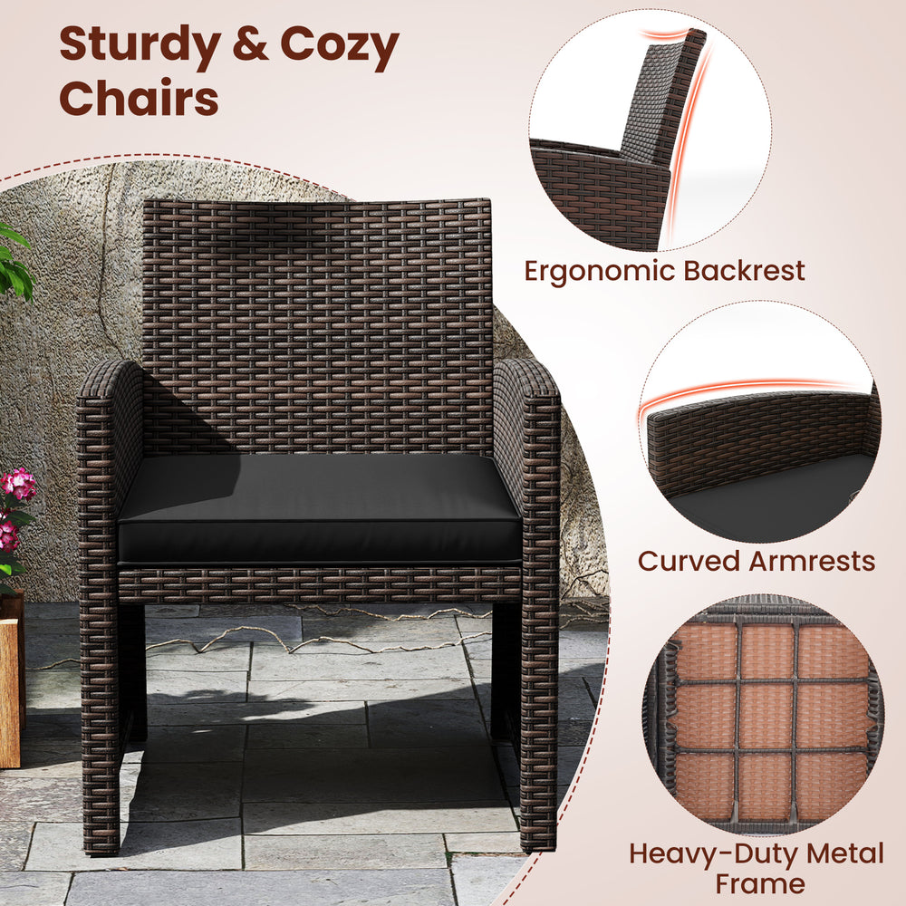 Single chair from the 3 Piece Patio Wicker Dining Set, featuring ergonomic backrest and soft cushion for outdoor.