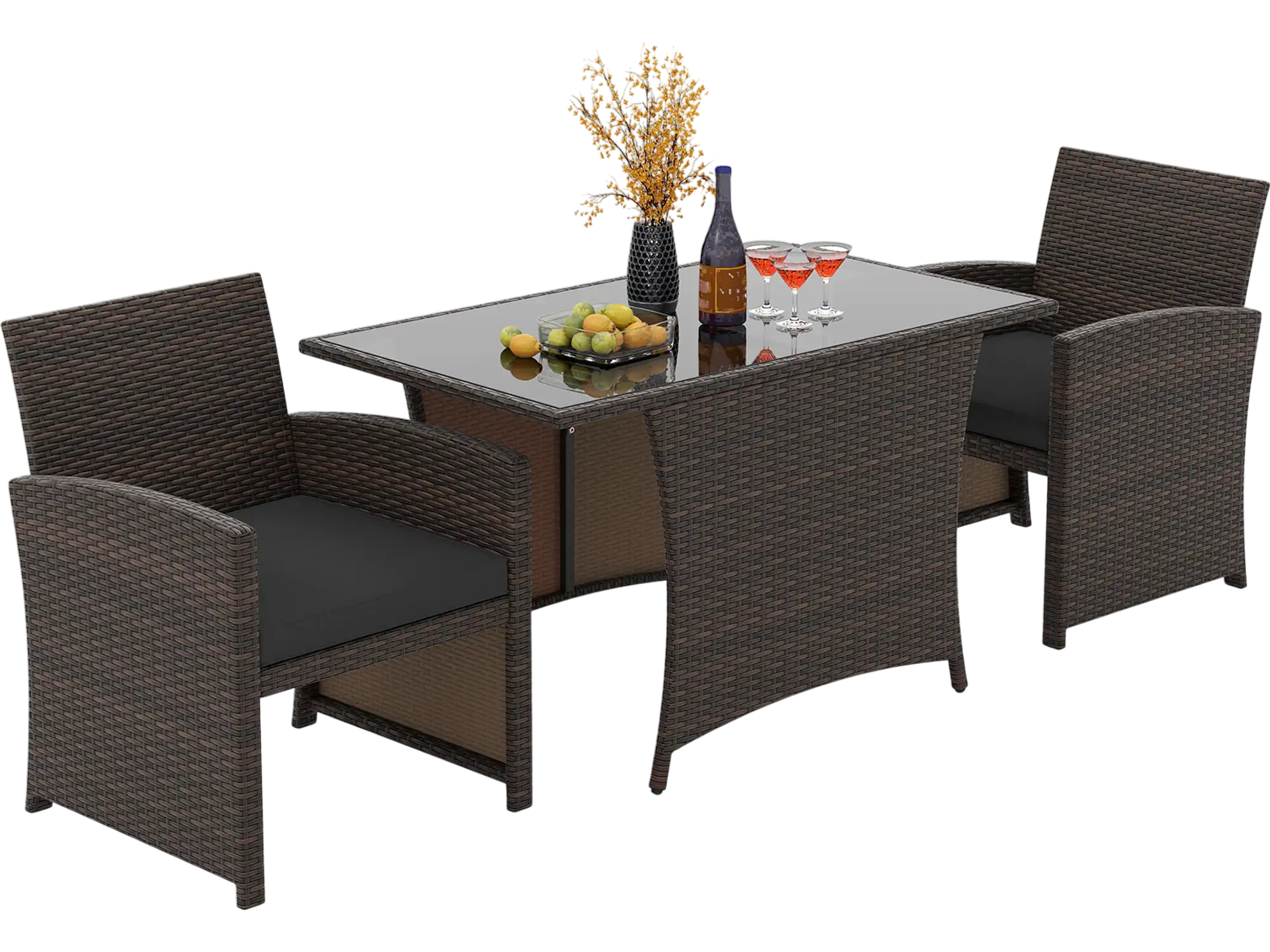 Costway 3-Piece Patio Wicker Dining Set Rectangle Tempered Glass Table 862749531 New