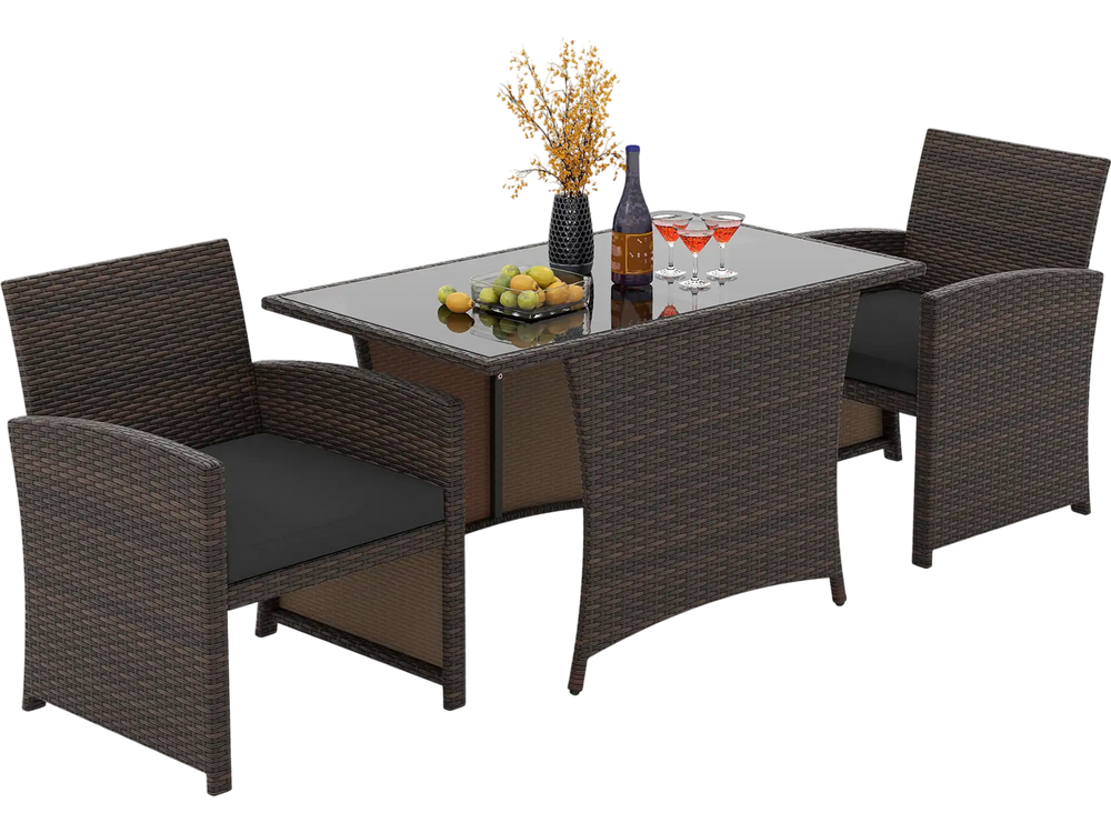 3-piece patio wicker dining set featuring a rectangular tempered glass table and cushioned chairs, ideal for outdoor.