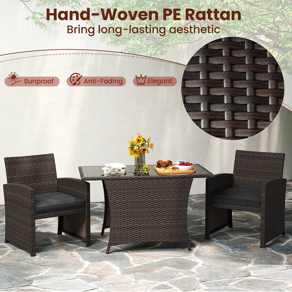 3-piece patio wicker dining set featuring hand-woven PE rattan, soft cushioned seats, and a tempered glass table for.
