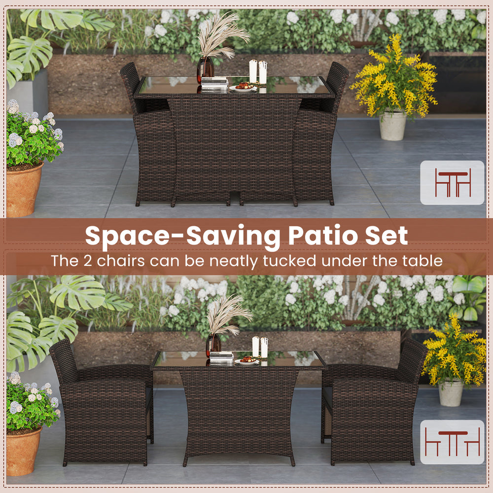 3-piece brown patio wicker dining set featuring a tempered glass table and cushioned chairs, ideal for outdoor spaces.